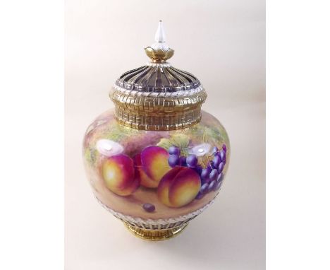 A Royal Worcester pot pourri vase painted still life fruit, by D Shinnie 1286, with inner and outer lids - 26cm tall