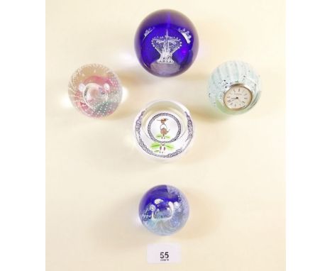 A collection of five Caithness glass paperweights: 'Robin and Kettle', 'Reflections', 'Moon Crystal', 'Golden Jubilee' and 'W