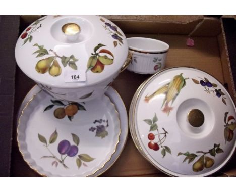 Two Royal Worcester Evesham covered serving dishes, a flan dish, serving dish etc