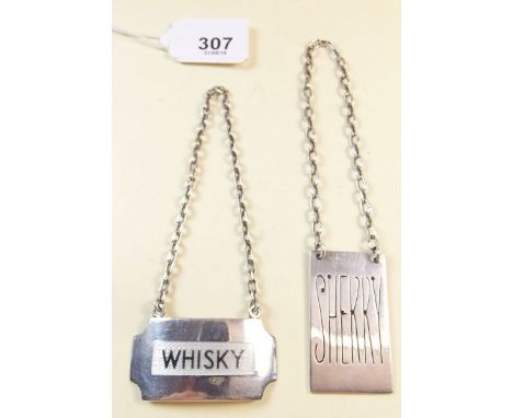 A silver and enamel whisky decanter label - London 1972 and a silver plated sherry label 