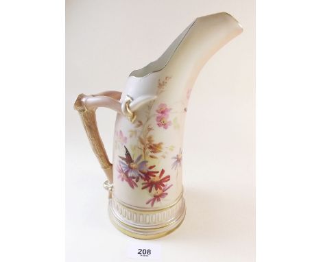 A Royal Worcester ivory blush tusk jug painted butterflies and flowers - 25cm, No1116 - 1897