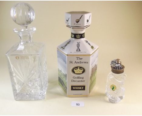 A Whisky golf decanter, a Polish cut glass decanter and a Waterford golf trophy