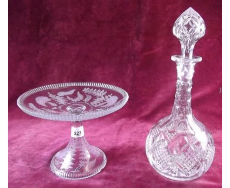 A cut glass decanter and a Victorian tazza etched ferns