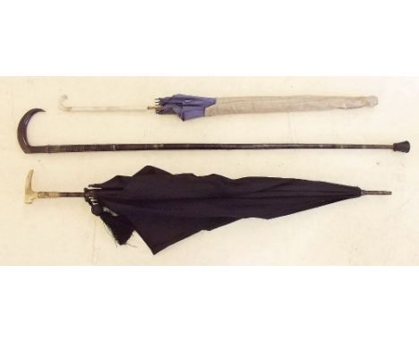 A horn walking stick and two Victorian parasols