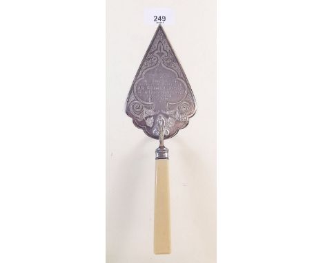 A silver plated foundation stone trowel engraved 'The New Tabernacle Ebbw Vale' 1908