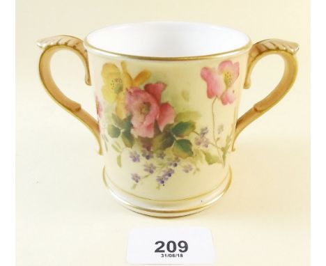 A Royal Worcester ivory blush two handled loving cup painted spray of flowers - 1904, 8cm