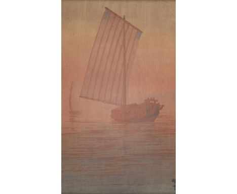 Japan - - Ito Yuhan. Tsukuda Jima (Segelboot im Glanz des Sonnenuntergangs). Um 1930-60. Farbiger Holzschnitt auf Papier, 36 