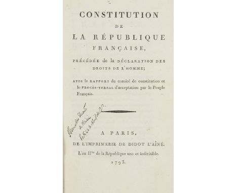 Frankreich - - Constitution de la République Francaise, précédée de la Déclaration des Droits de l'Homme ... Paris, Didot L'A