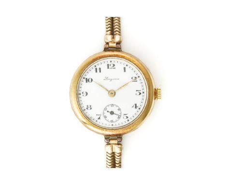 A LONGINES LADY'S GOLD BRACELET WRISTWATCHThe jewelled movement detailed Swiss Made, the signed enamelled dial with Arabic nu