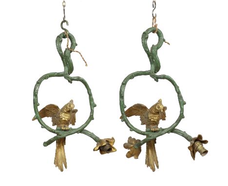 A PAIR OF GIL-METAL AND GREEN PAINTED 'COCKATOO' HANGING LIGHTS (2)Possibly French, Early 20th Century  Modelled naturalistic