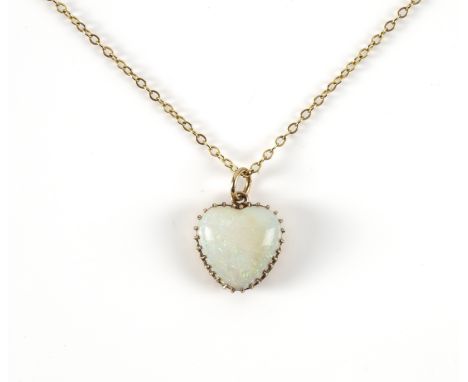 AN OPAL HEART PENDANT NECKLACEWith a heart cabochon opal measuring 14.5mm x 14.4mm, claw set, on a fine belcher chain with bo