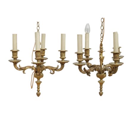 A PAIR OF FRENCH ORMOLU FOUR BRANCH CHANDELIERS (2)20th Century
Each with acanthus cast branches and fruit finial, 37.5cm dia