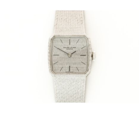 A FAVRE-LEUBA WHITE GOLD LADY'S BRACELET WRISTWATCHThe signed brushed silvered curved square dial with black baton hour marke