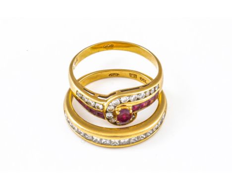 A GOLD, RUBY AND DIAMOND RING AND A DIAMOND HALF-ETERNITY RING (2)Both detailed 750 and ring size O½, combined gross weight 5