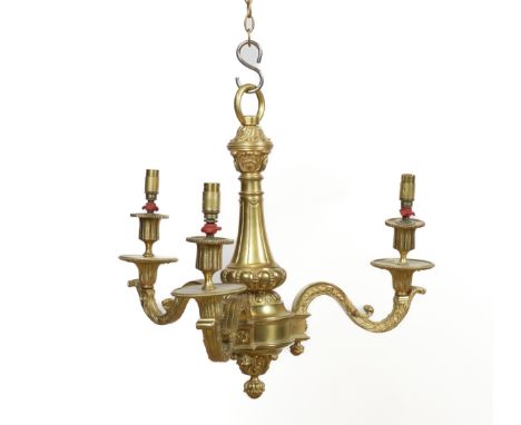A PAIR OF QUEEN ANNE STYLE SILVERED METAL THREE LIGHT CHANDELIERS AND ANOTHER (3)Late 20th Century  33cm high, excluding hang
