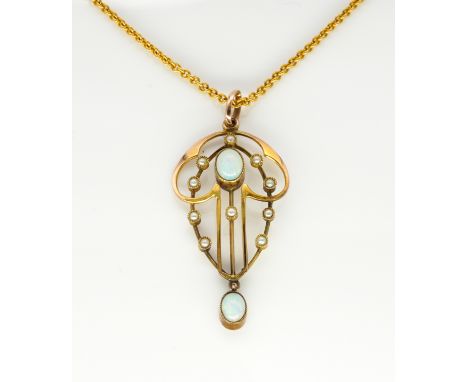 AN EDWARDIAN OPAL AND SEED PEARL PENDANT AND CHAINThe pendant set with two opals and ten small seed pearls, stamped 9ct, on a