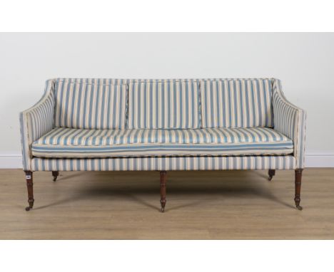 A GEORGE III MAHOGANY FRAMED SOFAWith striped upholstery on turned supports, 184cm wide; 84cm highAll supports to the sofa ar