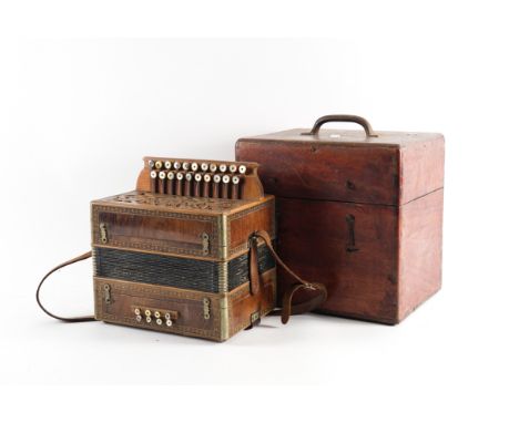 A PARQUETRY INLAID ACCORDION IN CASEEarly 20th Century The wooden cased instrument with round mother-of-pearl keys, 27cm wide