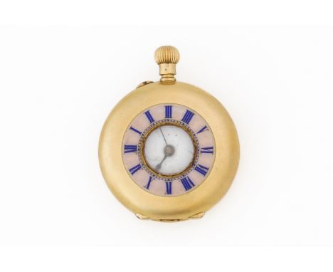 A LADY'S GOLD CASED KEYLESS WIND, HALF HUNTING CASED FOB WATCHWith an unsigned gilt jewelled lever movement, gold inner case,