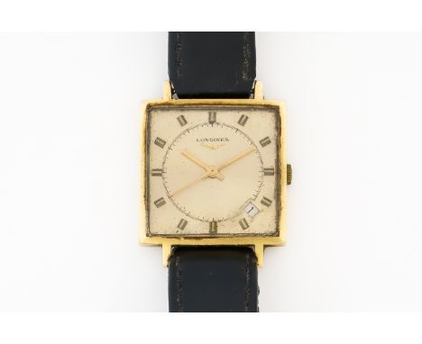 A LONGINES GOLD SQUARE CASED GENTLEMAN'S WRISTWATCHWith a signed circular jewelled lever movement, numbered 50448832, the sig