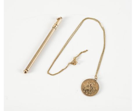 A 9CT GOLD SWIZZLE STICK AND A 9CT GOLD ST CHRISTOPHER PENDANT WITH A GOLD NECKCHAIN (3)The swizzle stick engine turned, the 