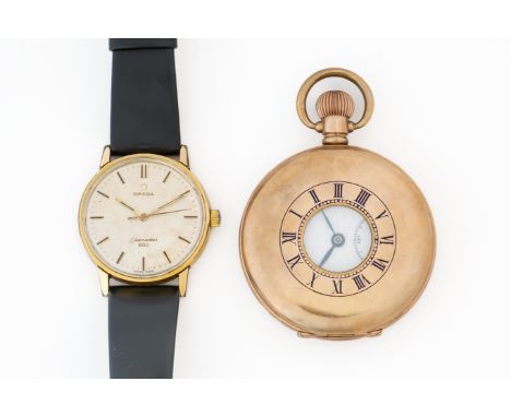 AN OMEGA SEAMASTER 600 GILT METAL FRONTED AND STEEL BACKED GENTLEMAN'S WRISTWATCH AND ONE OTHER (2)The signed silvered dial w