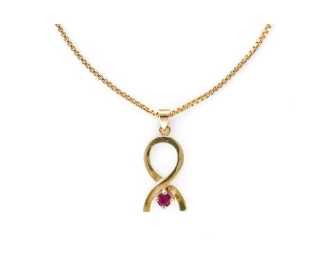A 9CT GOLD AND RUBY PENDANT WITH A GOLD BOX LINK NECKCHAIN (2)The pendant claw set with a circular cut ruby, import mark Lond