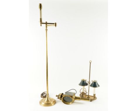 A GROUP OF BRASS LIGHTING INCLUDING OF A BRASS TWIN BRANCH BOUILLOTTE TABLE LAMP (3)With height adjustable tole shades, 52cm 