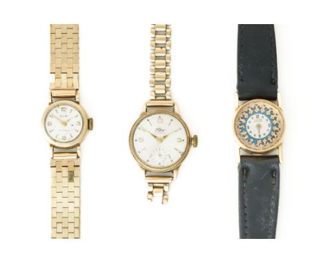 THREE 9CT WATCHES (3)Including a Baume watch with 17 jewels movement, circular face and gold strap, a Elco watch with 15 jewe