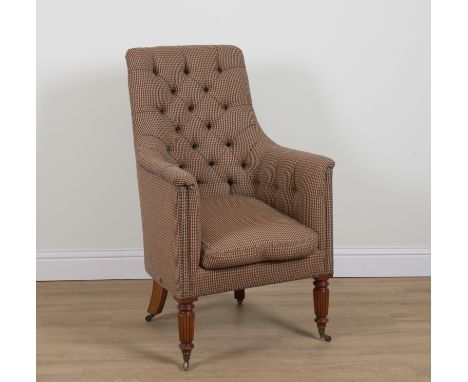 BEAUMONT AND FLETCHER LONDON; A REGENCY STYLE BUTTON BACK ARMCHAIRUpholstered in Argyle check wool fabric, on reeded supports