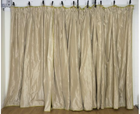 TWO PAIRS OF COLEFAX & FOWLER BEIGE AND CONTRASTING GREEN TRIMMED SILK CURTAINS (4)Interlined with weighted corners and goble