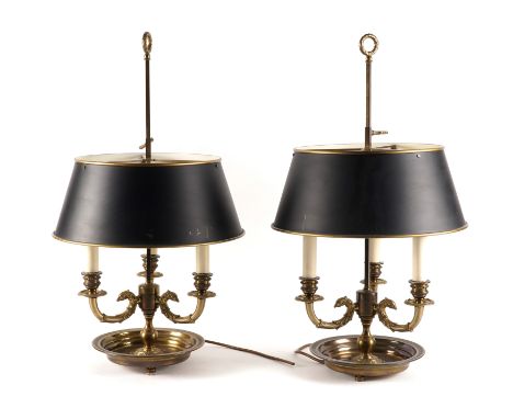 A PAIR OF EMPIRE STYLE BRASS THREE LIGHT BOUILLOTTE TABLE LAMPS (2)Modern, Retailed by Vaughan With adjustable tole shades, 6