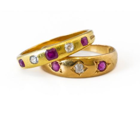 TWO RUBY AND DIAMOND RING (2)Including one ring set with two round cut rubes and one old cut diamond, in 18ct hallmarked Lond