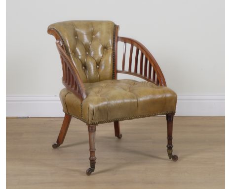 AN EDWARDIAN GREEN LEATHER BUTTON BACK UPHOLSTERED LOW TUB CHAIR50cm wide; 71cm high