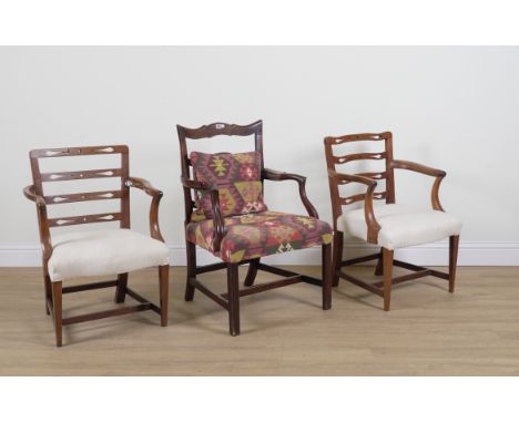 A PAIR OF GEORGE III AND LATER MAHOGANY LADDER BACK OPEN ARMCHAIRS (3)62cm wide; 86cm high, and another similar, 59cm wide; 9