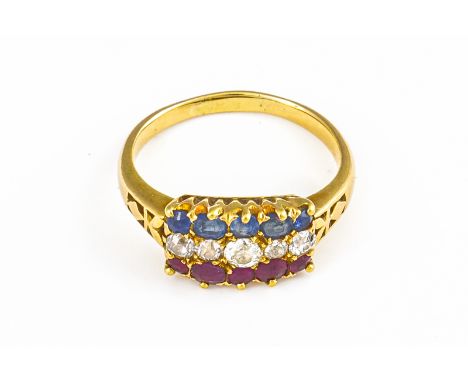 A GOLD, RUBY, SAPPHIRE AND DIAMOND RING (2)Early 20th century, set with a triple row of five rubies, five diamonds and five s