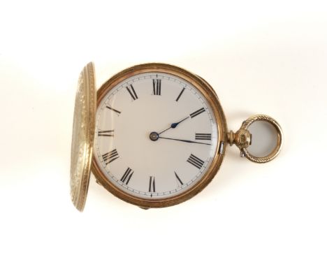 A LADY'S GOLD KEY WIND HUNTING CASED FOB WATCHWith unsigned gilt jewelled cylinder movement, unsigned enamel dial with black 