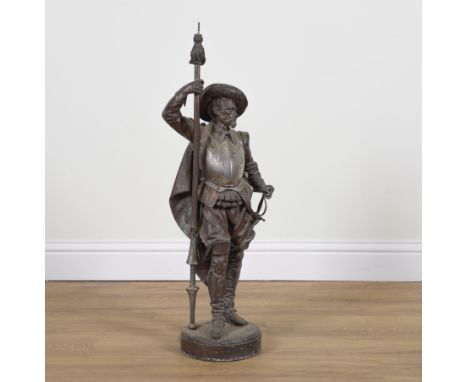 A FRENCH SPELTER FIGURE OF A STANDING CAVALIERLate 19th/ Early 20th Century 
Modelled standing holding a spear and sword in t