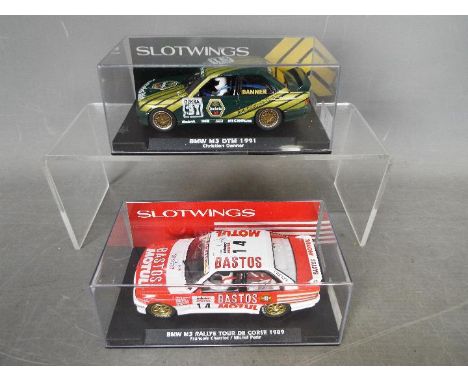 Slotwings - 2 x BMW E30 M3 racing slot cars including one in Bastos livery # W038-03 # W038-04. Both models appear Mint in Ve