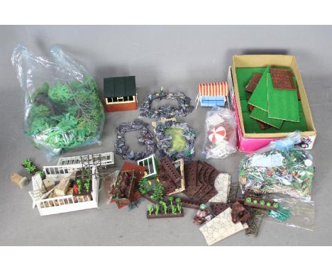 Britains - A collection of unboxed Britains Floral Garden pieces, including a selection of trees.. Lot includes garden benche