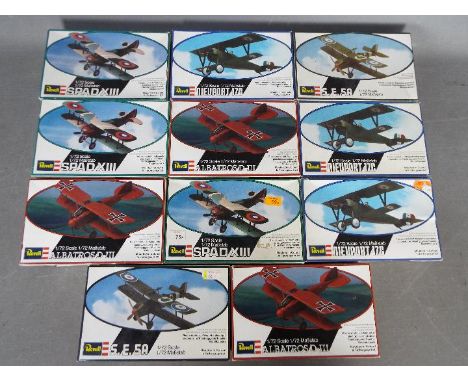 Revell - A fleet of 11 boxed plastic model aircraft kits in 1:72 scale. Lot includes Revell #4108 S.E.5A; #4110 Albatross D-1