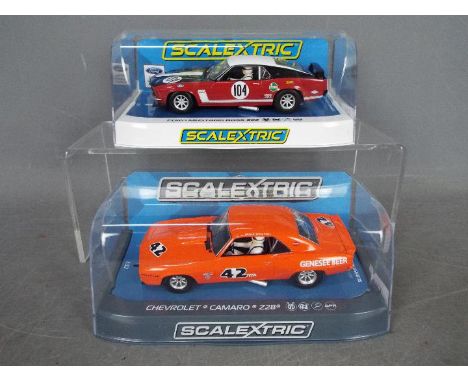 Scalextric - 2 x slot cars, a Ford Mustang Boss 302 in 1970 British Saloon Car Championship livery and a Chevrolet Camaro Z28