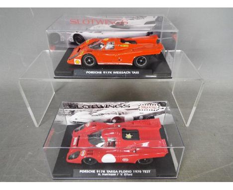 Slotwings - 2 x Porsche 917K slot cars in Targa Florio and Weissach Taxi liveries # W005-08, # W005-07. Both cars appear Mint