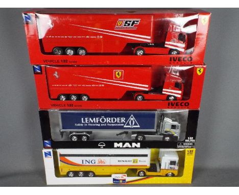 NewRay - A fleet of 4 x trucks in 1:32 scale including 2 x Iveco Straulis Ferrari F1 Team trucks, a Renault Magnum F1 Team tr