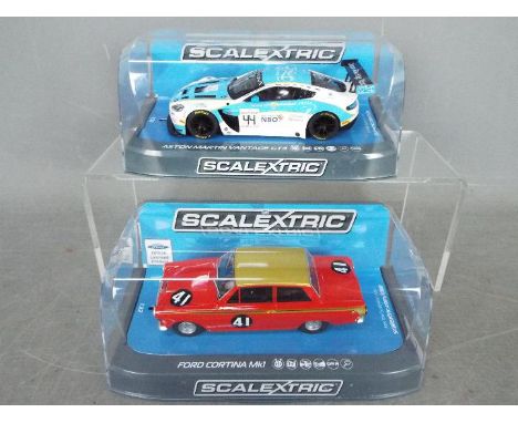 Scalextric - 2 x slot cars, a Ford Cortina Mk1 in Alan Mann racing livery and an Aston Martin Vantage GT3 in Oman Racing Team