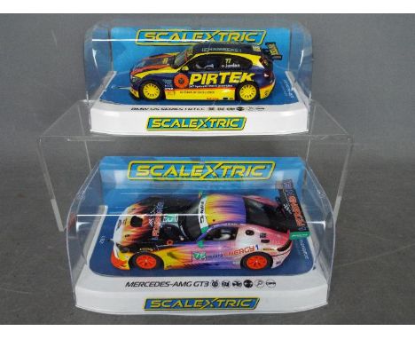 Scalextric - 2 x slot cars, a Mercedes AMG GT3 in Sun Energy livery and a BMW 1 series BTCC car, # C3941, # C4018. Both cars 