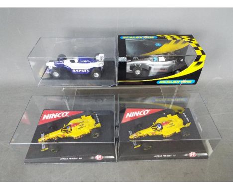 Scalextric - Ninco - 4 x slot cars including 2 x Ninco Jordan Peugeot 197 # 50172, # 50173, Scalextric Firestone F1 # C2318, 