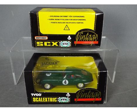 Tyco - Scalextric - Matchbox - SCX - Jaguar E-Type Vintage model in green # 8371, Ford GT40 Vintage model in Gulf livery # 83