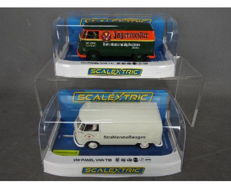 Scalextric - 2 x Volkswagen T1b panel vans including limited edition Strahlenmesswagen - Radiation Measurement vehicle which 