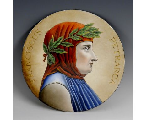 A Limoges type enamel roundel, decorated in polychrome with a titled portrait of Franciscus Petrarca, 18cm diam